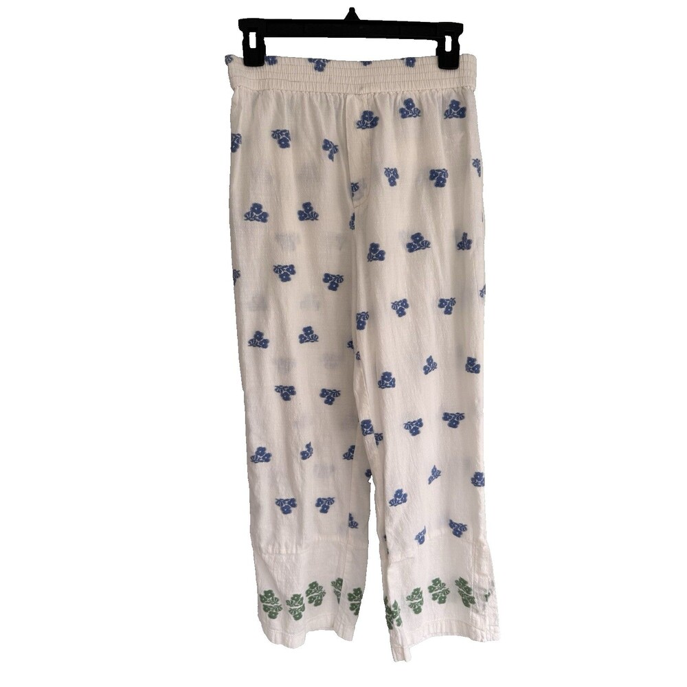 Zara White Blue Embroidered Cropped Wide Leg Culotte Pants Boho Folk Linen M